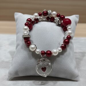 Elegant Red and White Beaded Bracelet with Heart Charm